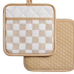 Beige Checkered Pot Holder, Checkerboard Potholders for Kitchen, Silicone Pot Holders with Pocket for Kitchen Clearance 2 Pack Set, Hot Pads and Oven Mitts for Cooking Baking