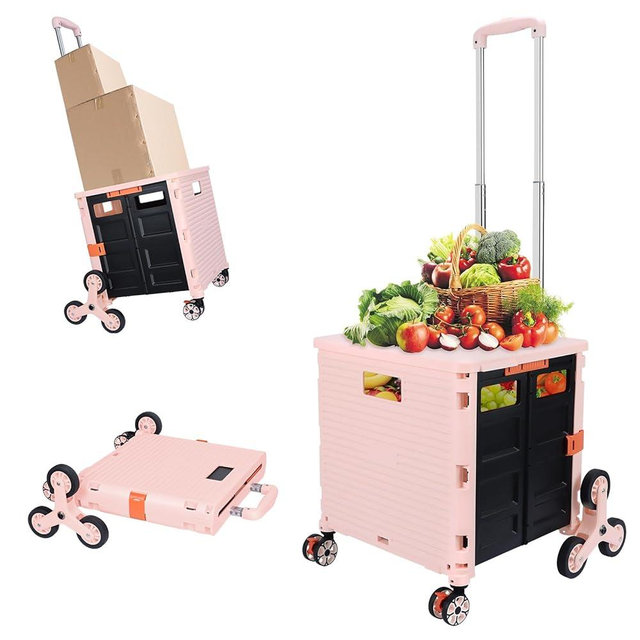 FELICON SELORSS Folding Utility Cart Portable Rolling Crate Handcart with Stair Climbing Wheels&360°Swivel Wheels Telescoping Handle Plastic Box Dolly for Travel Shop Move Office Teacher Use(Pink)