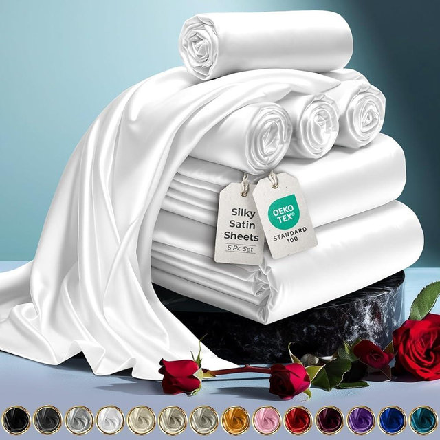 DECOLURE Satin Bed Sheets - 6 Piece Luxury Silky King Size Bedding Set - Softer Than Silk, Wrinkle-Free with 15” Deep Pocket Fitted Sheet, Perfect for Hair & Skin, Gifts for Women (White)