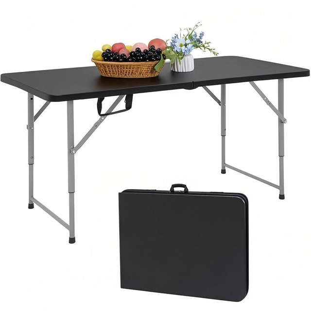 Harigal 4 Foot Folding Table Adjustable Height 22-30 Inch, Heavy Duty Fold in Half Plastic Table with Steel Legs, Portable Indoor Outdoor Table for Picnic, Camping, Dining, Party