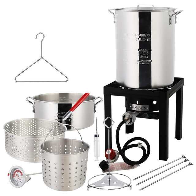 ROVSUN 30QT Turkey Fryer & 10QT Fish Fryer with 55000BTU Propane Burner, Outdoor Deep Fryer & Seafood Crawfish Boiler Steamer Pot with Thermometer, Marinade Injector, Turkey Rack & Rack Lifter