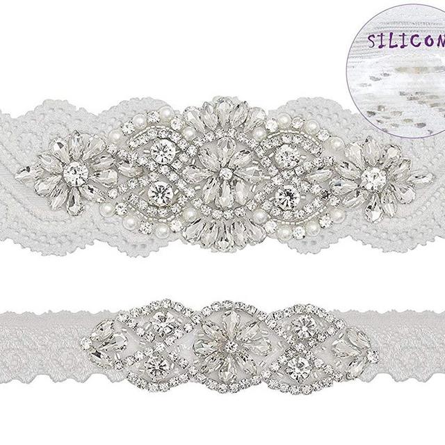 GARGALA Wedding Garters for Bride with Non-Slip Silicone, Lace Bridal Garter Set with Blue Clear Rhinestones Crystal Pearl