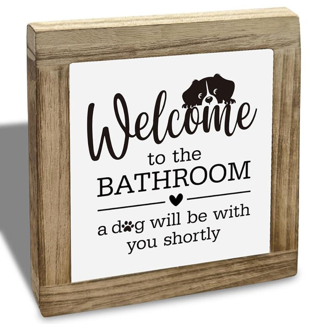 Funny Bathroom Decor, Interesting Wood Decoration for Restroom, Welcome to The Bathroom A Dog Will be with You Sign, Indoor Bathrooms Toilet Wood Box Sign, Gifts for Dog Lovers 5.9X5.9X0.7inches