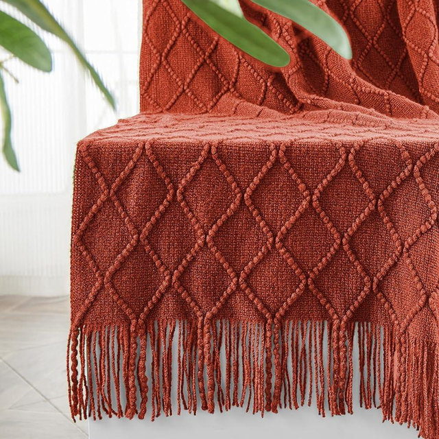 inhand Knitted Fall Throw Blanket for Couch and Bed, Knit Fall Decor Halloween Blanket with Tassel, Orange Rust Lightweight Decorative Farmhouse Warm Woven Blankets and Throws for Women, 50"x60"