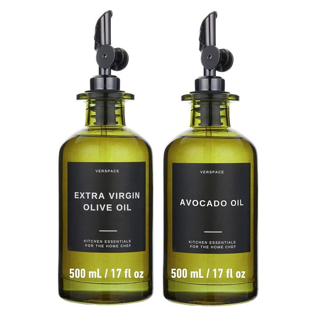 Verspace - Green Glass Olive Oil Dispenser Bottles For Kitchen, Avocado Oil Dispenser Set, Modern Decor, Gold Kitchen Accessories for Home, Airbnb, Cafe (Black, Set of 2)