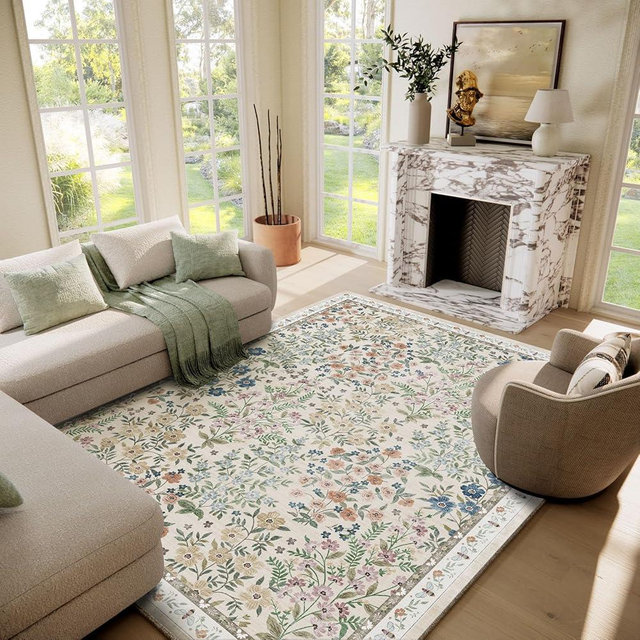 Machine Washable Rugs for Living Room: 6x9 Area Rugs for Bedroom Vintage Stain Resistant Non Slip Low Pile Soft Carpet Rug for Kitchen Dining Room Farmhouse Kids Room Nursery Playroom
