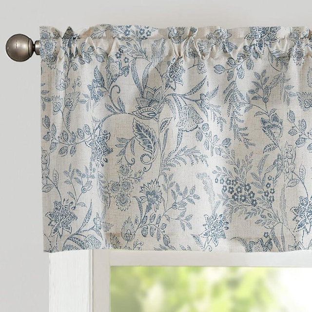 Lazzzy Kitchen Valance Curtain Linen Floral Farmhouse Valance for Living Room Bathroom Bedroom Country Valances Window Treatments Small Window Cafe Curtain 16 Inch Rod Pocket 1 Panel Blue on Beige