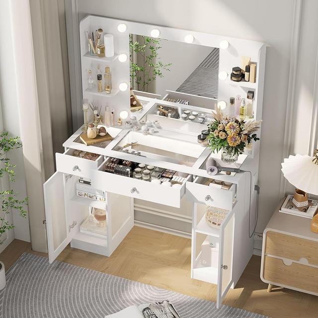 IFSEB Makeup Vanity with Glass Top, White Vanity Desk with Mirror and Lights, Big Vanity with Drawers & Cabinets for Bedroom, Cute Vanity with Crystal Knobs & Power Outlet for Women, Girls