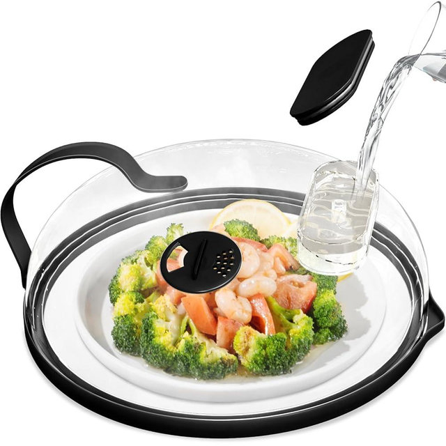 Microwave Splatter Cover with Water Steamer for Food - 10 Inch Steam Microwave Splatter Guard with Handle Splash Oven Lid with Built in Steamer Plate Covers for Heating Food - Black