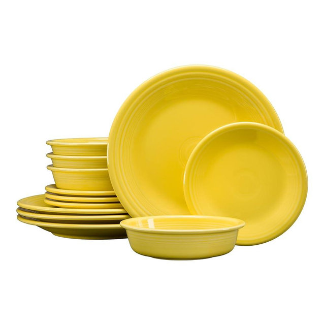 Fiesta® Classic Rim 12-Piece Dinnerware Set – Durable Ceramic, Lead-Safe, Dishwasher/Microwave/Oven Safe – Made in USA Dinnerware - Sunflower