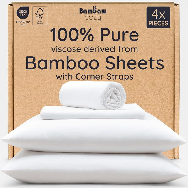 Bambaw King Sheets Set 4pcs – 100% Viscose Derived from Bamboo Sheets King Size Deep Pocket, Fits Up to 16'', Luxury Bedding, Super Soft Sheets King Size, Cooling Sheets King Size (White)