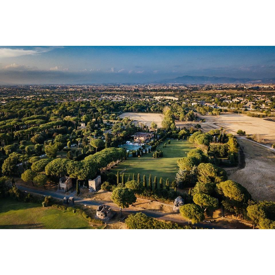 This is an aerial view of our Sangeet location, Villa Dino. There are ruins on property that make for a beautiful nighttime stroll!