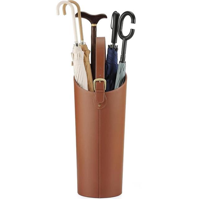 Brown Leather Tall Umbrella Holer Entryway Indoor for Business,Office,Decorative 22.4 Inch Rustic Umbrella Bucket Stand Entryway,Umbrella Rack Basket Holder Inside with Removable Water Tray 2 Hooks