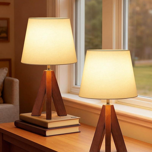 GOEBLESON Small Tripod Table Lamps Set of 2, Modern Nightstand Lamp with Fabric Shade, Boho Bedside Wood Desk Light for Bedroom, Kids Room, Living Room, Office, Study, Dark Wood and White, LW51TLP205