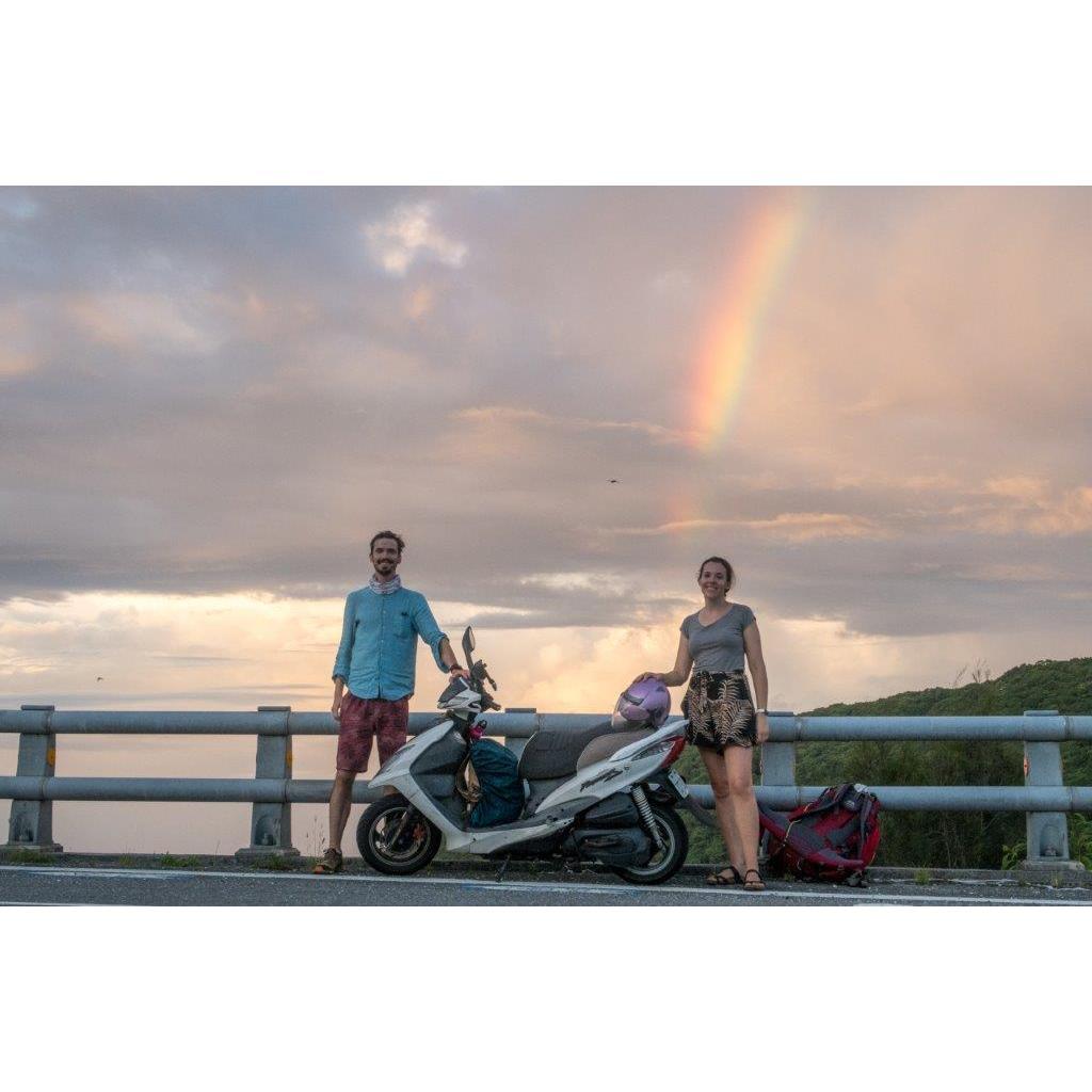 Us with 70Legs - the trusty 150cc steed who carried us all around Taiwan.