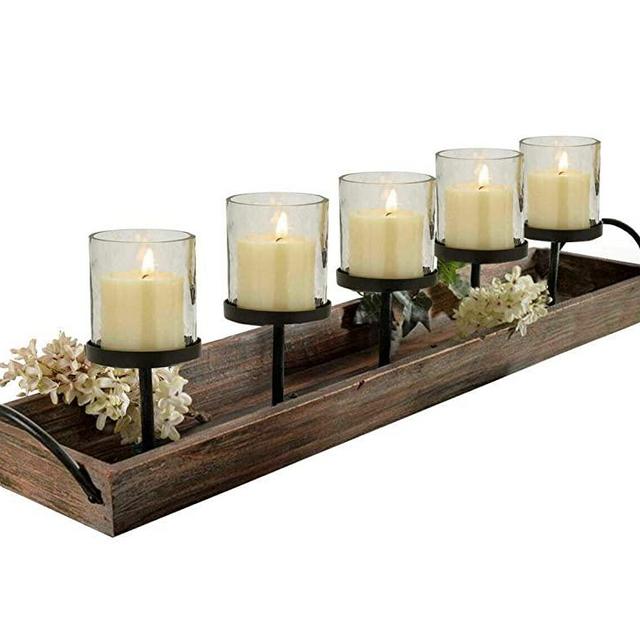 Westcharm 27.5 in. Rustic Wood Candle Centerpiece Tray w/Five Metal Candle Holders