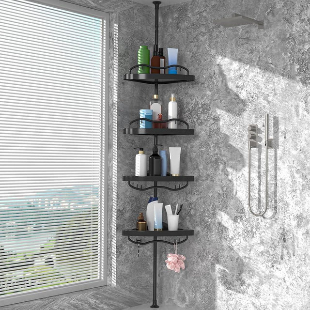 HANGMAICOME Black Corner Shower Caddy Tension Pole - Heavy Duty Rustproof Stainless Steel Shower Organizer with 4 Adjustable Shelves, No-Drill Free Standing for Bathroom, Bathtub, RV,54" to 114" Tall