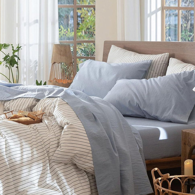MooMee Bedding Sheet Set 100% Washed Cotton Linen Like Textured Breathable Durable Soft Comfy (Heathered Cornflower Blue, California King)