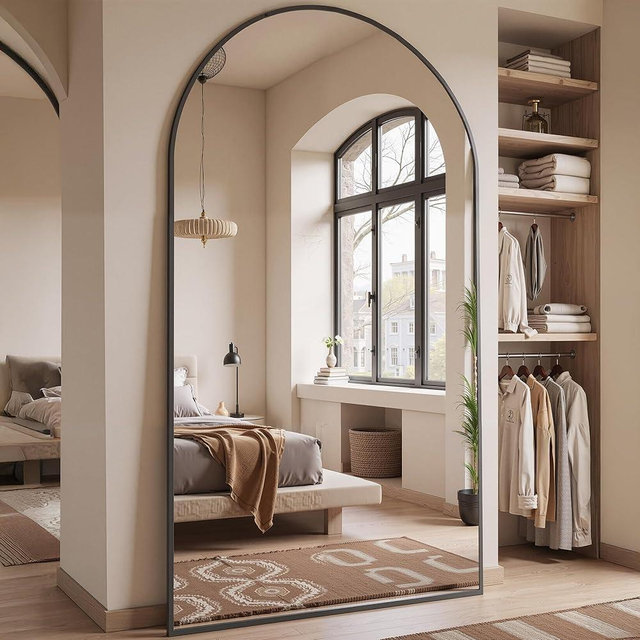 Furnbar Floor Mirror, 90"x46" Oversized Full Length Mirror with Stand, Arched Full Body Mirror Standing Hanging Leaning Against Wall, Aluminum Frame Giant Mirrors for Bedroom Cloakroom, Black