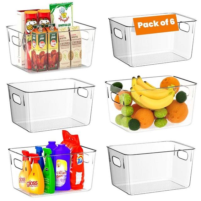 ClearStorage Clear Plastic Storage Bins, 6 Pack Pantry Organizers and Storage with Handle, Pantry Storage for Fridge, Freezer, Kitchen Cabinet, Pantry Organization and Storage, BPA Free (11x8x6)