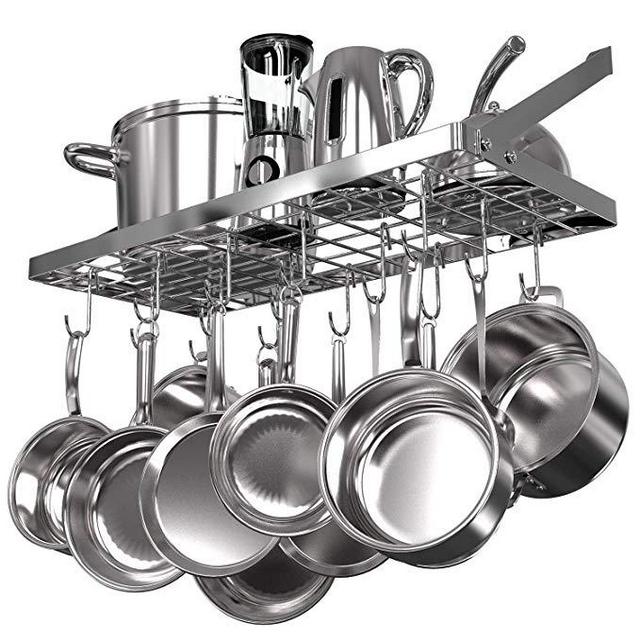 Vdomus Square Grid Wall Mount Pot Rack, Kitchen Cookware Hanging Organizer with 15 Hooks,29.3 by13-inch (SIlver)