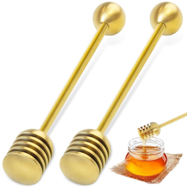 DUGATO Honey and Syrup Dippers, 2pcs 6.3 Inch 304 Stainless Steel Honeycomb Stick Spoon Stirrer Server for Honey Pot Jar Containers (Gold)