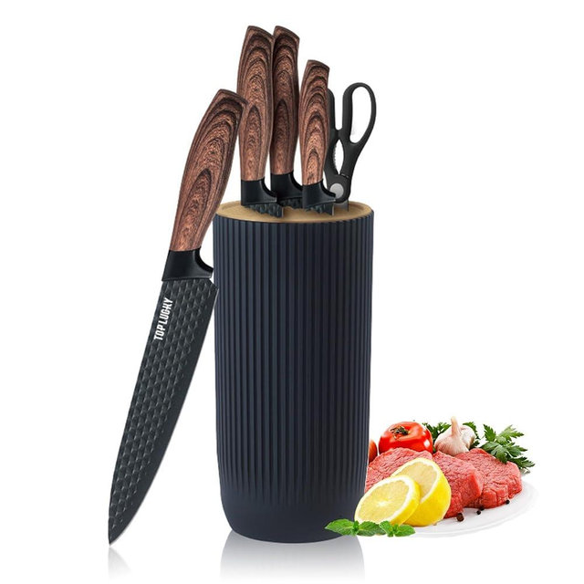 Kitchen Knife Set, Retrosohoo 6-Pieces Black Sharp Knife Set for Kitchen, Non-stick Non-slip Stainless Steel Chef Knife Set with Universal Knife Block Suitable for Home Restaurant(Wood Grain)