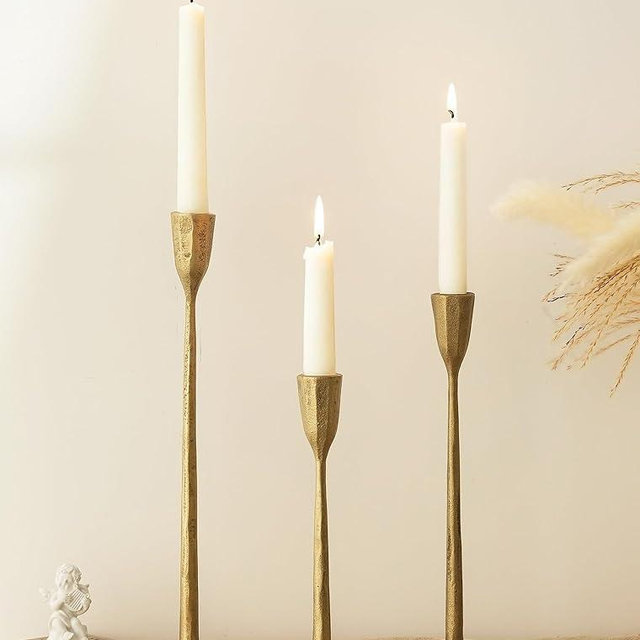 Romadedi Gold Candlestick Candle Holder - Cast Iron Taper Candle Stick Holders Brass Antique Decor Tapered for Wedding Dining Table Christmas Mantel Home Decoration Set of 3
