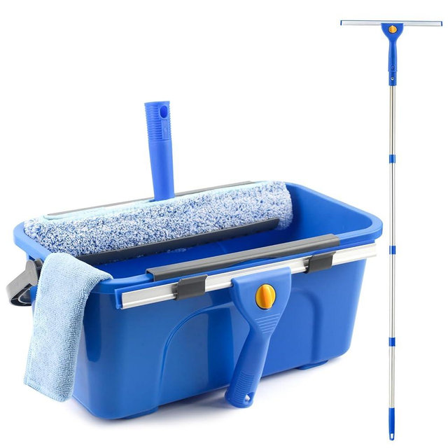 Window Cleaning Kit with Bucket 3 Gallon, 14" Window Squeegee and 15" Scrubber with 61" Long Handle, Professional Window Washing Equipment Cleaner Tool for Home Outdoor Commercial Use