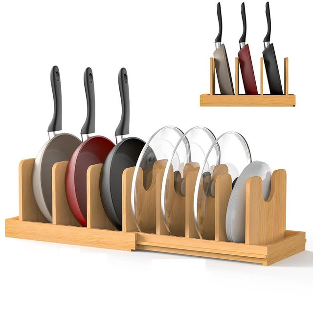 FoverOne Expandable Pot Lid Organizer, Bamboo Pot and Pan Organizer for Under Cabinet, 16" to 28" Adjustable Length and 10 Dividers