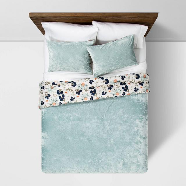 Dusty Jade Reversible Velvet Floral Print F/Q Comforter & Sham Set - Opalhouse™