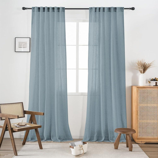 Dusty Blue Sheer Linen Curtains 96 Inch Long for Living Room 2 Panels Back Tab Pocket Soft Light Weight Airy Semi Privacy Linen Sheer Curtains for Bedroom Dining Cottage Urban Decor 8 FT 52x96