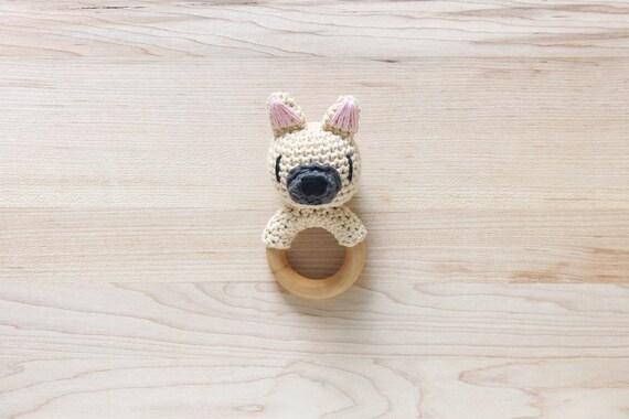 Crochet French Bulldog Assorted Colors Rattle Wooden Teether – baby toy, handmade to order