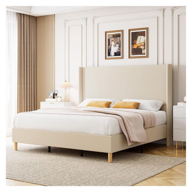 King Bed Frame, Upholstered Platform Corduroy Bed Frame with Vertical Channel Tufted Wingback Headboard, Strong Wooden Slats, Easy Assembly, Beige