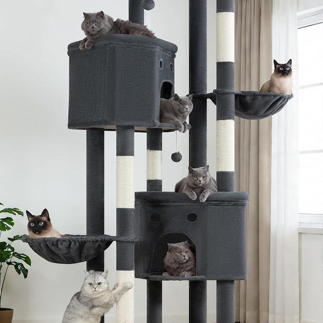 Extra Large Cat Tree, 84 Inch XXL Giant Cat Tower for Indoor Cats Large Adult 20lb+, Multi-Level Cat Climbing Condo with 5 Scratching Posts, 3 Wide Platform Perches, 2 Baskets, 2 Cat Caves, Dark Grey