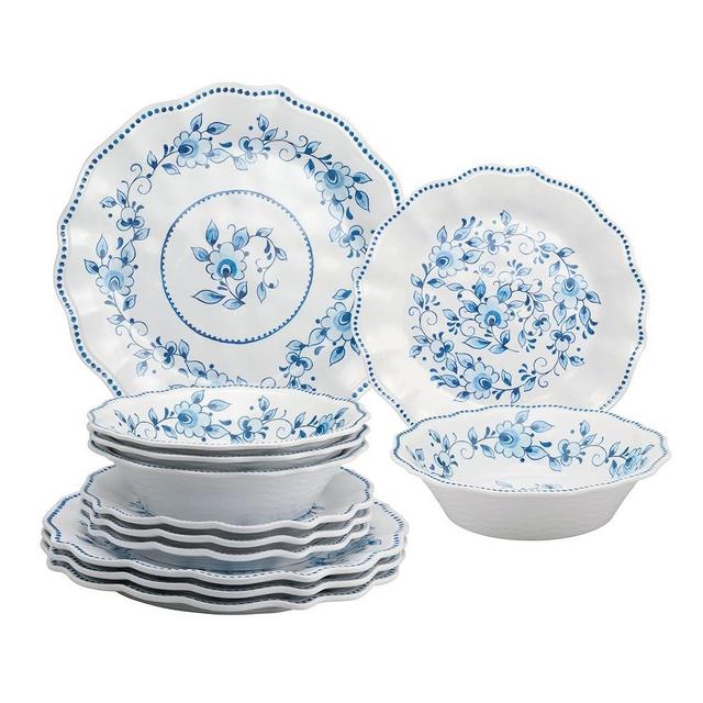 UPware 12 Piece Blue and White Floral Melamine Dinnerware Sets, Outdoor Dishes Set, Plates and Bowls Sets, Service for 4, Blue