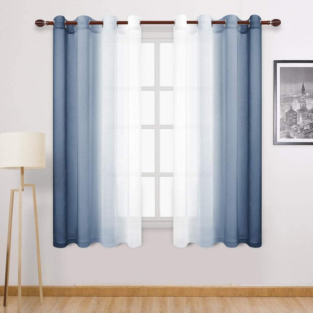 DWCN Blue Faux Linen Ombre Sheer Curtains - Gradient Semi Voile Curtains for Bedroom and Living Room, Set of 2 Grommet Top Window Curtain Panels, 52 x 72 Inches Long, Denim Blue