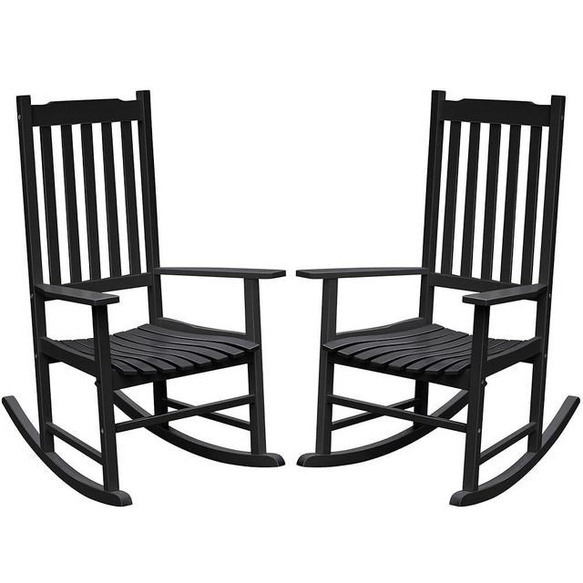 Flamaker Acacia Wood Patio Rocking Chair Set of 2, High Back and Widen Armrest for Adults, Solid Wood Porch Rocking Chair for Lawn, Garden, Backyard (Black)