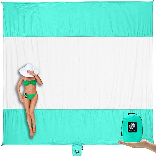WEKAPO Beach Blanket Sandproof, Extra Large Beach Mat, Big & Compact Sand Free Mat Quick Drying, Lightweight & Durable with 6 Stakes & 4 Corner Pockets