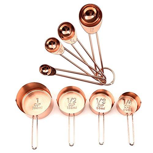 Measuring Cups 8 Copper Stainless Steel Measuring Cups and Spoons Set for Liquid Dry Measuring, Stackable (4 Cups+4 Spoons, Rose Gold)