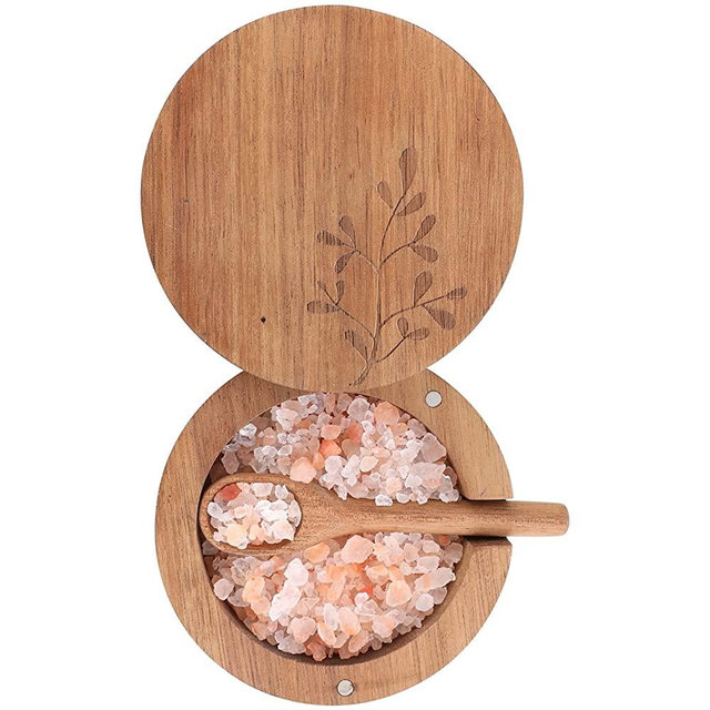 DGYLL Acacia Wood Salt cellar with lid with spoon salt box with spoon salt and pepper bowl Enhanced swiveling lid with 3 strong magnetics Size: 3.5DIA x 2.5H inch (1pc leaf pattern /w spoon)