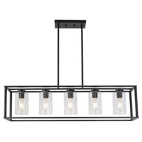 VINLUZ Farmhouse Chandeliers Rectangle Black 5 Light Dining Room Lighting Fixtures Hanging, Kitchen Island Cage Pendant Lights Contemporary Modern Ceiling Light with Glass Shade Adjustable Rods