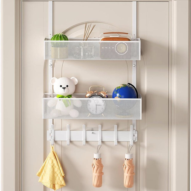 Aimeaihe Over The Door Hooks Organizer, Over Door Storage with 12 Coat Hooks and 2 Mesh Basket, Bathroom Door Organizer Towel Rack Back of Door Hanger Organizer for Bedroom, Kitchen(White)