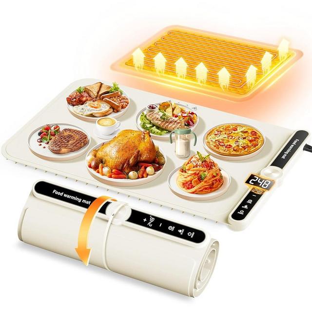 PAWCUB Food Warming Mat Electric Warming Tray 6 Gear Timed 9 Gear Temperature Controlled 18H Auto Power Off Full Surface Rapid Heating Ideal for Buffets Party Gatherings Warming Mat For Food (Beige)