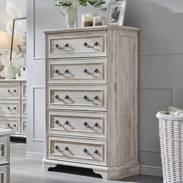 T4TREAM Farmhouse 5 Drawers Dresser for Bedroom, 48" Tall Wood Rustic Chest of Drawers with Natural Texture, Vintage Design, Storage Dressers Organizer for Bedroom, Living Room, Distressed White