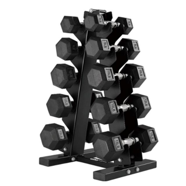 HolaHatha 5, 8, 10, 12, and 15 Pound Poly Rubber Hexagonal Dumbbell Home Free Weight Set with Textured Grips and Storage Rack, Black