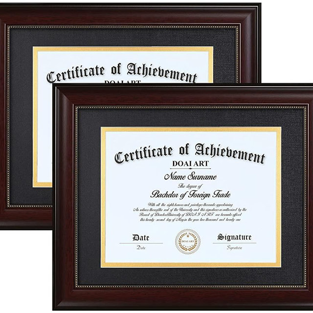 DOAI ART 8.5 x 11 Diploma Frame Set of 2 Classic Mahogany with Black and Gold Double Mat or Displays Document&Certificate 11x14-inch Without Mat,Wide Molding, Gold Beads Hanging Hardware Included, Tabletop
