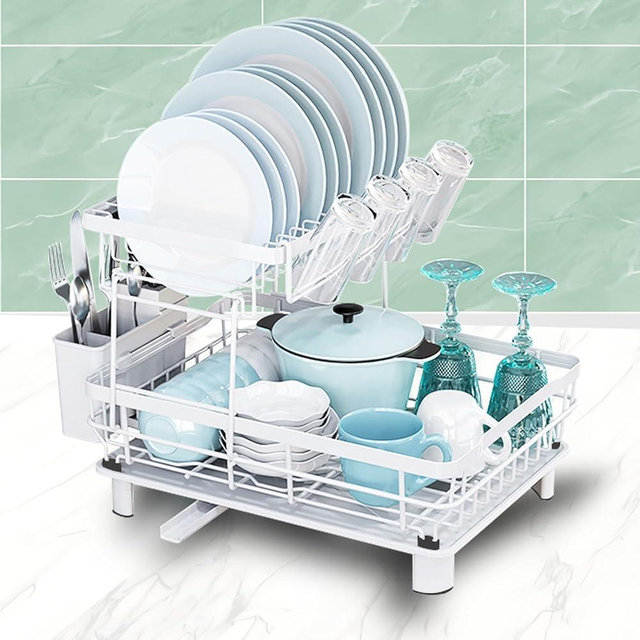 GAXmi Dish Drying Rack Over The Sink Drainer with Drainboard Utensil Holder Cup Holder, 2-Tier White