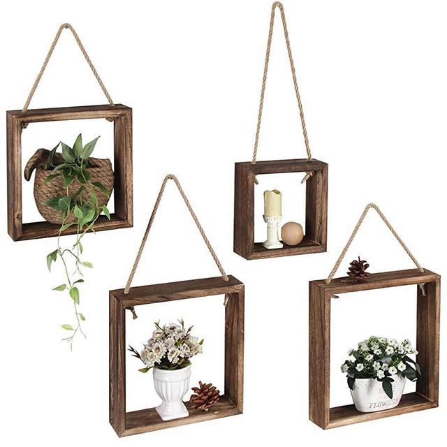 J JACKCUBE DESIGN Floating Hanging Square Shelves Wall Mounted Rustic Wood Cube Display Shelf Shadow Boxes Decorative Boho Home Décor for Living Room, Bedroom, Office, Set of 4 (Brown) - MK571B