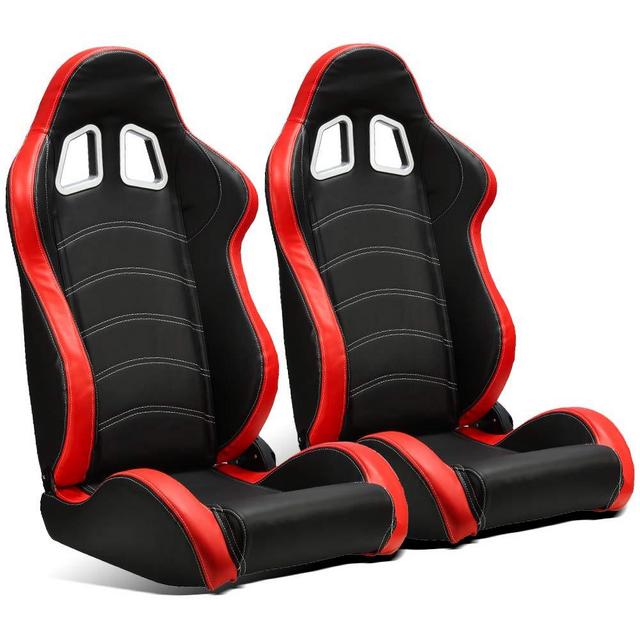 ModifyStreet 1 Pair Universal Black/Red PVC Leather/White Stitching Racing Bucket Seats